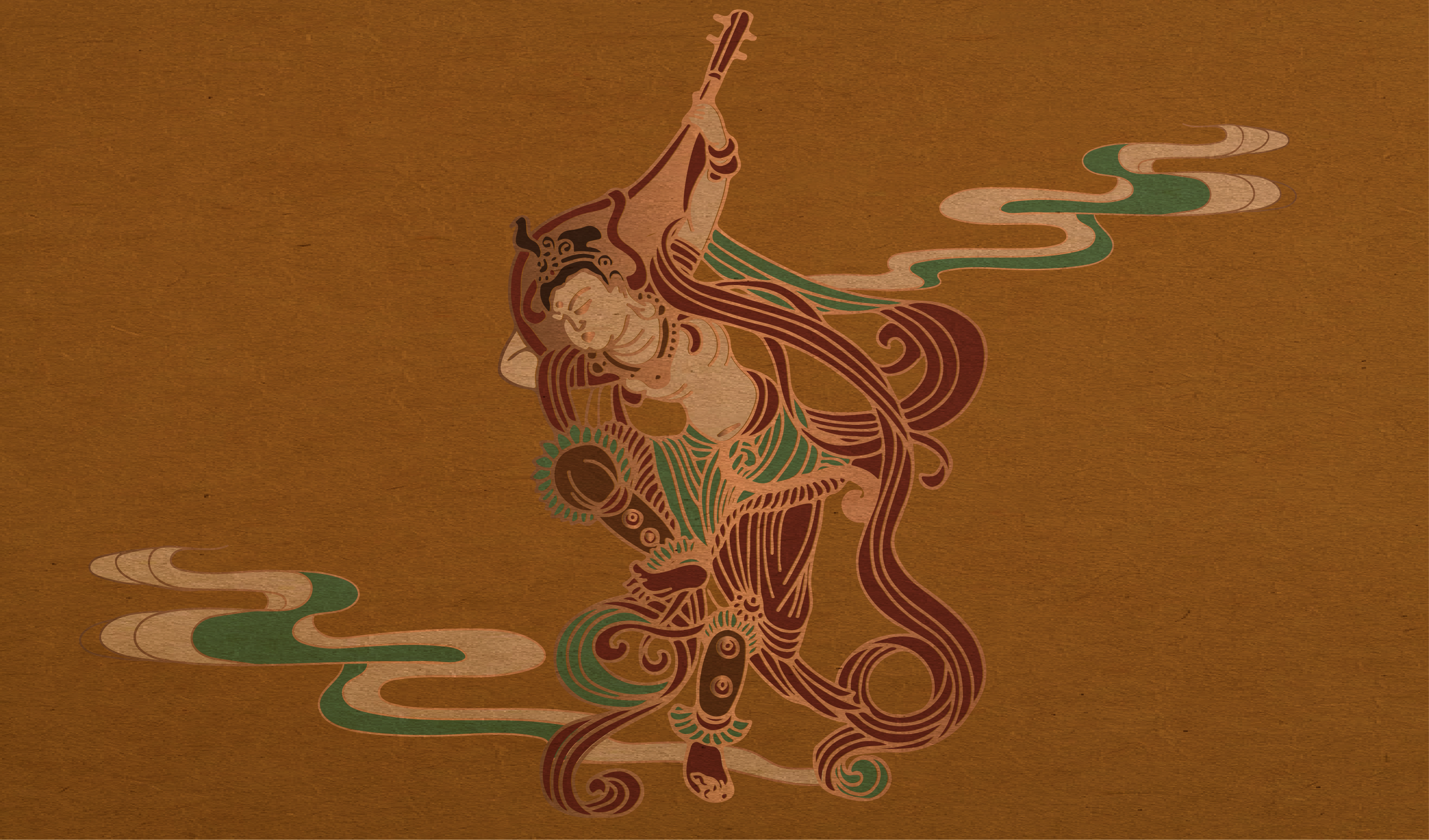 传统-敦煌壁画-飞天伎乐天矢量插画